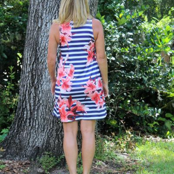 Blue Striped Dress with Red flowers - Picture 3 of 4